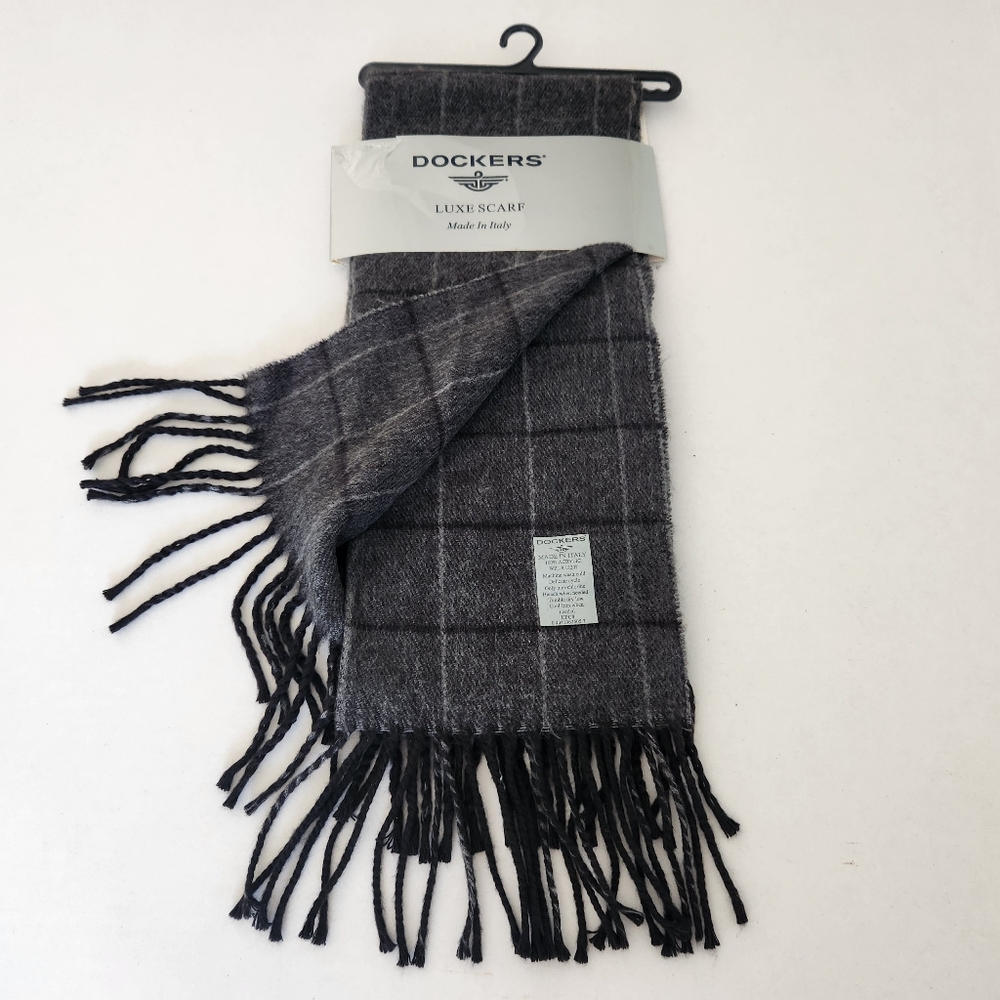 Dockers Charcoal Black Checkered Fringed Luxe Scarf ~ Made in Italy ~ NWT